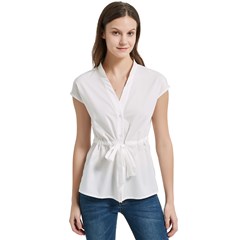 Women s Cap Sleeve Mandarin Collar Waist Tie Blouse