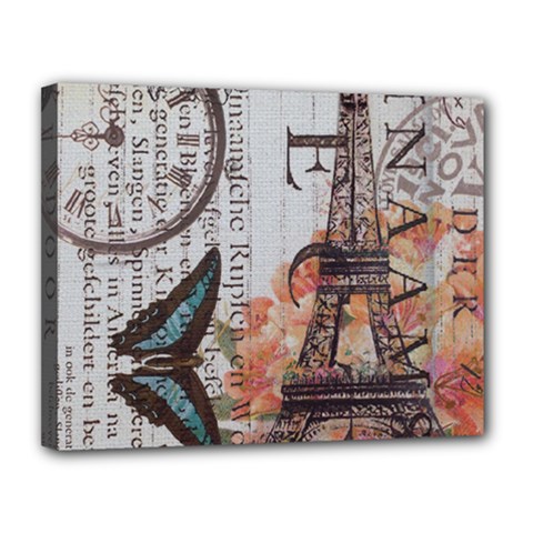 Vintage Clock Blue Butterfly Paris Eiffel Tower Fashion Canvas 14  X 11  (framed) by chicelegantboutique