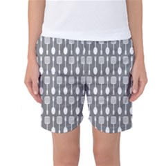 Gray And White Kitchen Utensils Pattern Women s Basketball Shorts