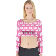 Pink Modern Chic Vector Camera Illustration Pattern Long Sleeve Crop Top by GardenOfOphir