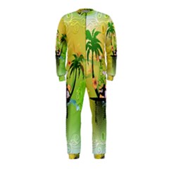 Surfing, Surfboarder With Palm And Flowers And Decorative Floral Elements Onepiece Jumpsuit (kids) by FantasyWorld7