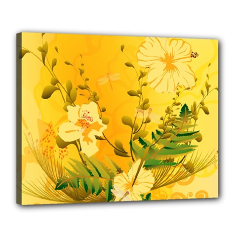 Wonderful Soft Yellow Flowers With Dragonflies Canvas 20  X 16 