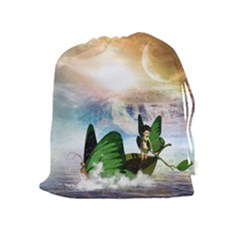 Cute Fairy In A Butterflies Boat In The Night Drawstring Pouches (extra Large) by FantasyWorld7