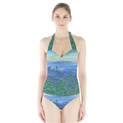 Fantasy Landscape Photo Collage Women s Halter One Piece Swimsuit by dflcprintsclothing