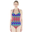 Purple yellow shapes  Women s Halter One Piece Swimsuit View1