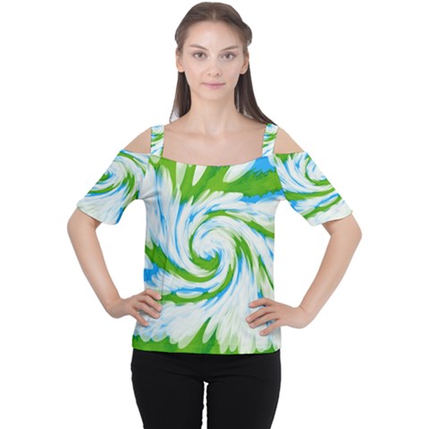 Tie Dye Green Blue Abstract Swirl Women s Cutout Shoulder Tee by BrightVibesDesign