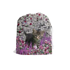 Emma In Flowers I, Little Gray Tabby Kitty Cat Drawstring Pouches (large)  by DianeClancy