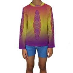 Flower Of Life Vintage Gold Ornaments Red Purple Olive Kids  Long Sleeve Swimwear by EDDArt