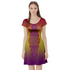 Flower Of Life Vintage Gold Ornaments Red Purple Olive Short Sleeve Skater Dress by EDDArt