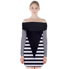 Black & White Stripes Big Triangle Long Sleeve Off Shoulder Dress by EDDArt