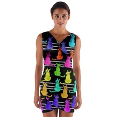 Colorful Cats Pattern Wrap Front Bodycon Dress