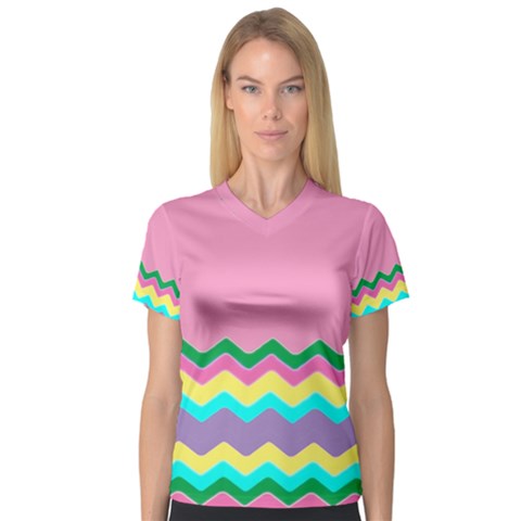 Easter Chevron Pattern Stripes Women s V-neck Sport Mesh Tee by Nexatart