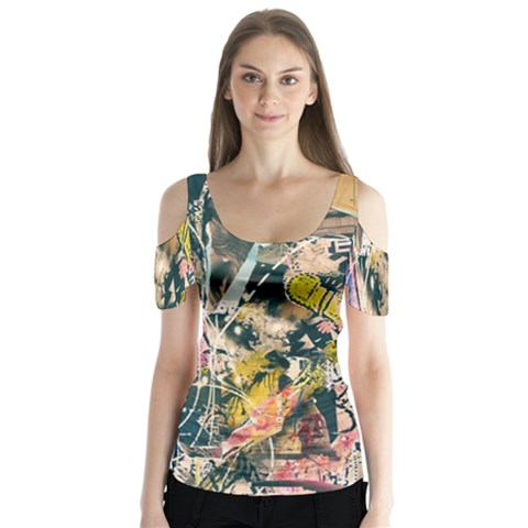 Art Graffiti Abstract Lines Butterfly Sleeve Cutout Tee  by Nexatart