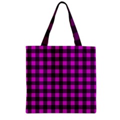 Magenta And Black Plaid Pattern Zipper Grocery Tote Bag