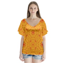 Solar Mandala  Orange Rangoli  V-neck Flutter Sleeve Top by bunart