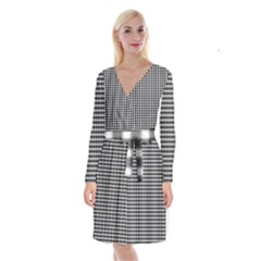 Plaid Black White Line Long Sleeve Velvet Front Wrap Dress