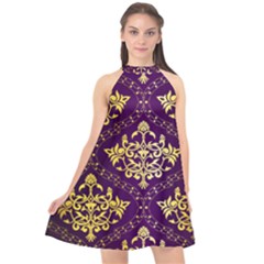 Flower Purplle Gold Halter Neckline Chiffon Dress 