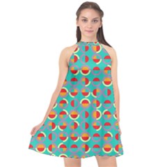 Semicircles And Arcs Pattern Halter Neckline Chiffon Dress 