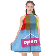 Store Open Color Rainbow Glass Orange Red Blue Brown Green Pink Halter Neckline Chiffon Dress 