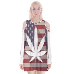 Flag American Star Blue Line White Red Marijuana Leaf Velvet Long Sleeve Shoulder Cutout Dress by Mariart