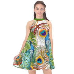 Colorful Peacock Halter Neckline Chiffon Dress 