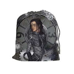 Steampunk, Steampunk Lady, Clocks And Gears In Silver Drawstring Pouches (extra Large) by FantasyWorld7