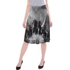 Awesome Wild Black Horses Running In The Night Midi Beach Skirt by FantasyWorld7