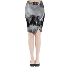 Awesome Wild Black Horses Running In The Night Midi Wrap Pencil Skirt by FantasyWorld7