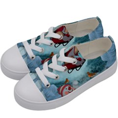 Christmas Design, Santa Claus With Reindeer In The Sky Kids  Low Top Canvas Sneakers by FantasyWorld7