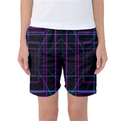 Retro Neon Grid Squares And Circle Pop Loop Motion Background Plaid Purple Women s Basketball Shorts by Mariart