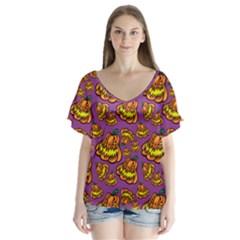 Halloween Colorful Jackolanterns  V-neck Flutter Sleeve Top by iCreate