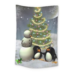 Funny Snowman With Penguin And Christmas Tree Small Tapestry by FantasyWorld7