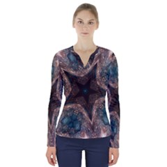 Kaleidoscopic Design Elegant Star Brown Turquoise V-neck Long Sleeve Top by yoursparklingshop