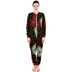 Christmas Wreath Stars Green Red Elegant Onepiece Jumpsuit (ladies)  by yoursparklingshop