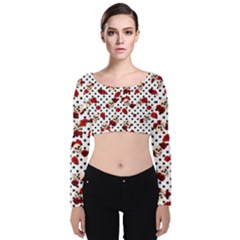 Skulls And Roses Velvet Long Sleeve Crop Top