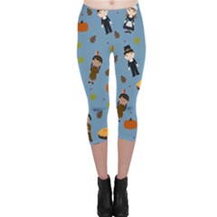 Pilgrims And Indians Pattern - Thanksgiving Capri Leggings  by Valentinaart