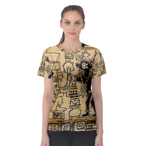 Mystery Pattern Pyramid Peru Aztec Font Art Drawing Illustration Design Text Mexico History Indian Women s Sport Mesh Tee by Celenk