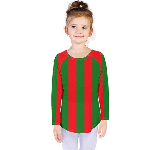 Wide Red And Green Christmas Cabana Stripes Kids  Long Sleeve Tee by PodArtist