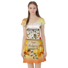 Happy Thanksgiving With Pumpkin Short Sleeve Skater Dress by FantasyWorld7