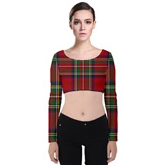 Red Tartan Plaid Velvet Long Sleeve Crop Top