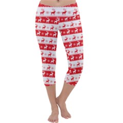 Knitted Red White Reindeers Capri Yoga Leggings by patternstudio