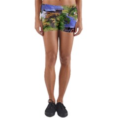 Landscape Blue Shed Scenery Wood Yoga Shorts by BangZart