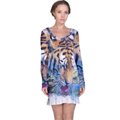 Tiger Drink Animal Art Abstract Long Sleeve Nightdress by Celenk