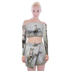 Horse Mammal White Horse Animal Off Shoulder Top With Mini Skirt Set by Celenk