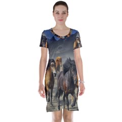 Horses Stampede Nature Running Short Sleeve Nightdress by Celenk