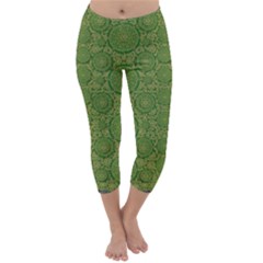 Stars In The Wooden Forest Night In Green Capri Winter Leggings  by pepitasart