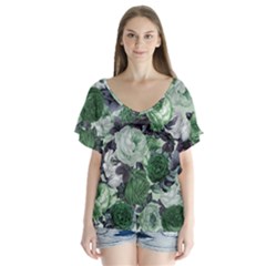 Rose Bushes Green V-neck Flutter Sleeve Top by snowwhitegirl