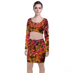 Orange, Yellow Cotoneaster Leaves In Autumn Long Sleeve Crop Top & Bodycon Skirt Set by FunnyCow