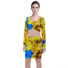 Yellow Maple Leaves Long Sleeve Crop Top & Bodycon Skirt Set by FunnyCow