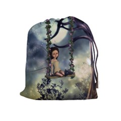 Cute Little Fairy With Kitten On A Swing Drawstring Pouches (extra Large) by FantasyWorld7